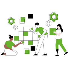 desenho ilustrativo de três pessoas pintando cubos de verde